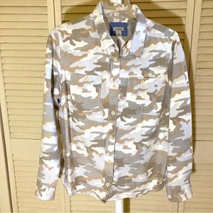 LL Bean Women’s Flannel Shirt, Cotton, Button Pockets, White Camo, Size Large